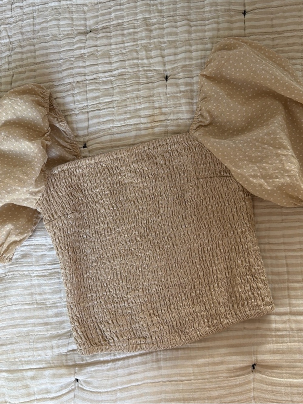 Abercrombie Smocked Puff-Sleeve Crop Top in Beige